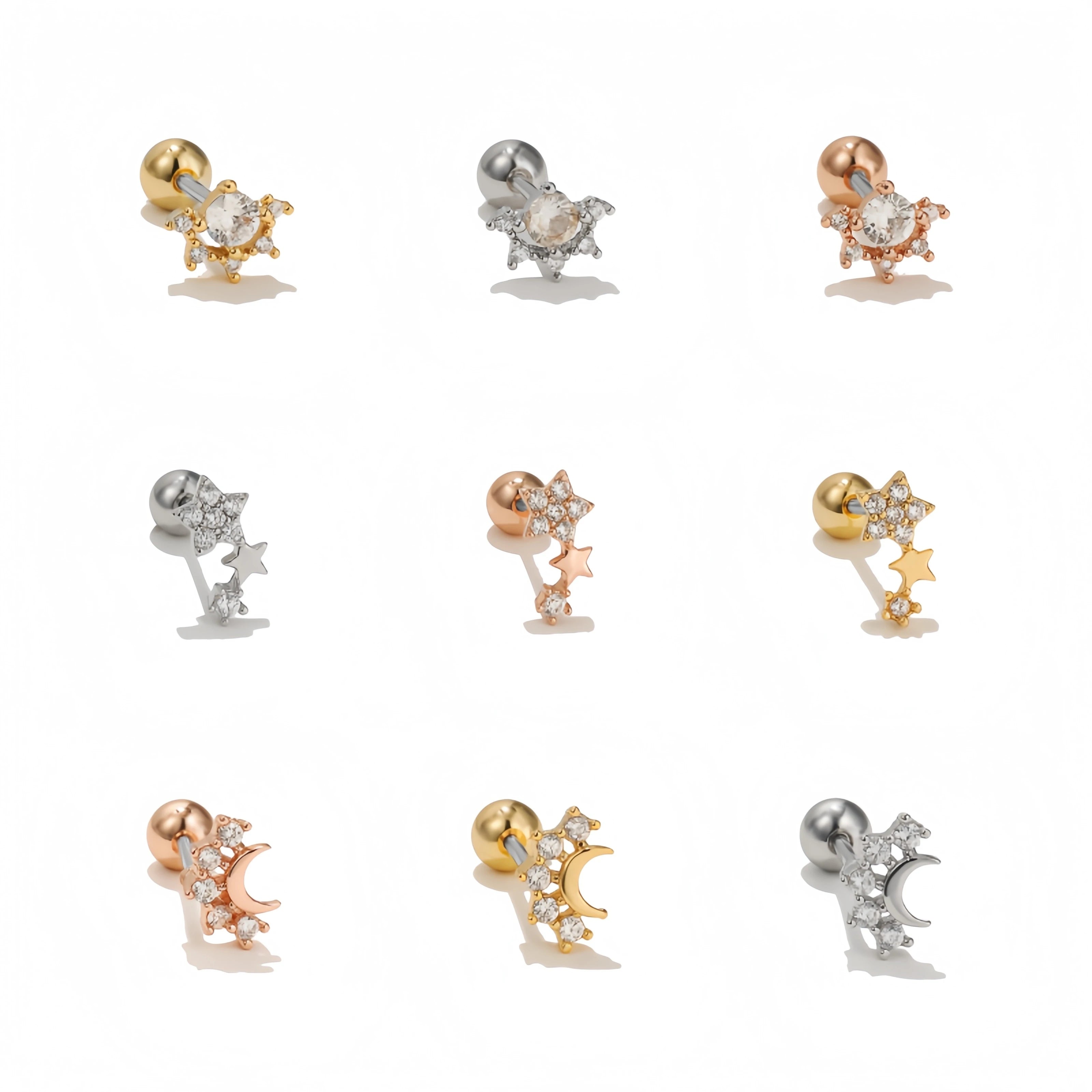 Ins Wind Women 20g Stainless Steel Rod Small Ear Bone Nails Micro-inset Zircon Star Moon Piercing Jewelry Girls Earring Studs