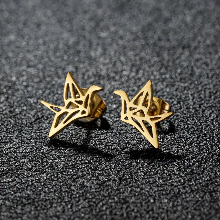 Korean Silver 18K Gold Plated Stainless Steel Little Bird Origami Paper Crane Stud Earrings for Women