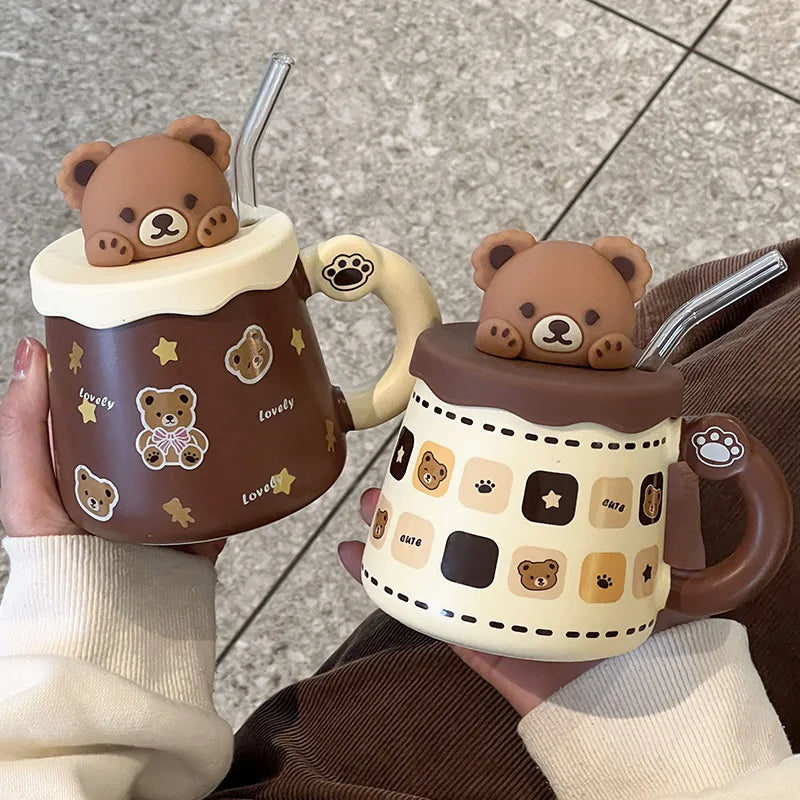 Cute Kawaii Couple 350ml Ceramic Mug With Lid and Glass Straw Creative Cute Coffee Cup