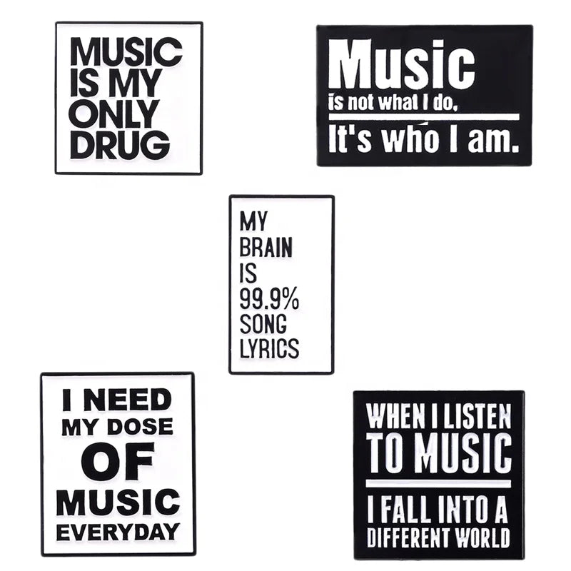 Wholesale Simple Black and White Music Pins Enamel Custom Music Slogan Brooch Lapel Pin for Music Lovers