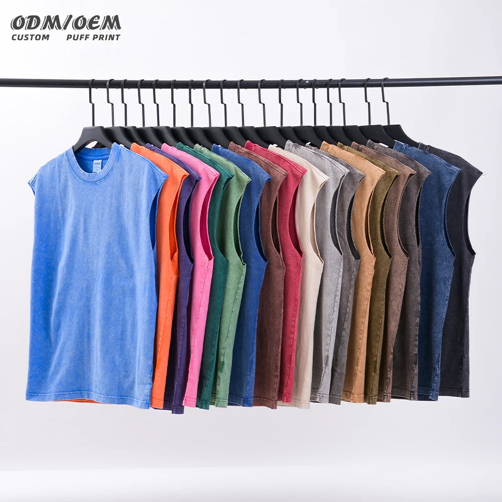 High Quality Men Vintage Sleeveless Acid Wash T-Shirt 100% Cotton Custom Oversized T Shirt Casual Vest