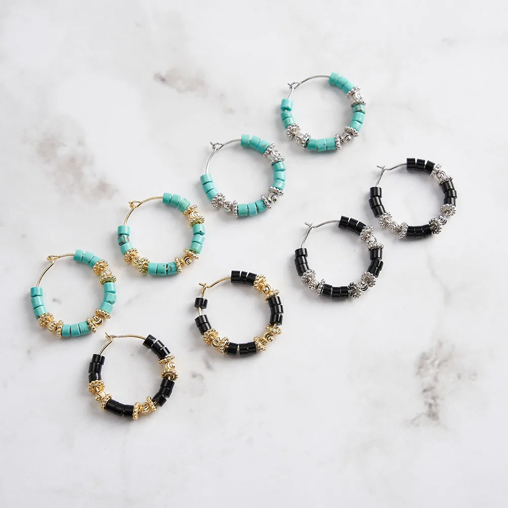 RINNTIN GME43 Bohemian Handmade Natural Stone Turquoise Gold Plated 925 Sterling Silver Hoop Earrings Jewelry for Women