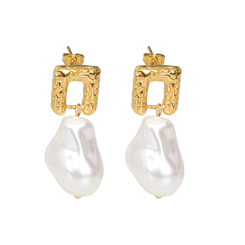 2023 New Model 18K Gold Plated Stainless Steel Jewelry Dangle Drop Baroque Freshwater Hoop Pearl Earrings