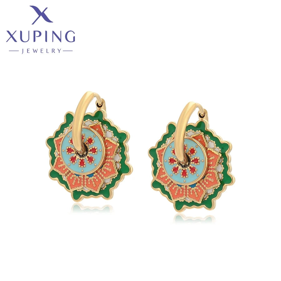 XUPING T000937785 Red Green Multi-layered Pattern Design Series Stainless Steel Jewelry Fashion Simple 14K Gold Color Earring
