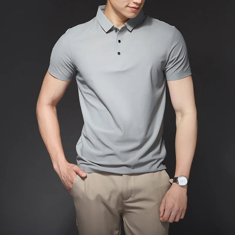 Men's Summer Ice Silk Seamless for POLO T-Shirt Simple Business Lapel with Print Logo Pure Color Knitted Fabric