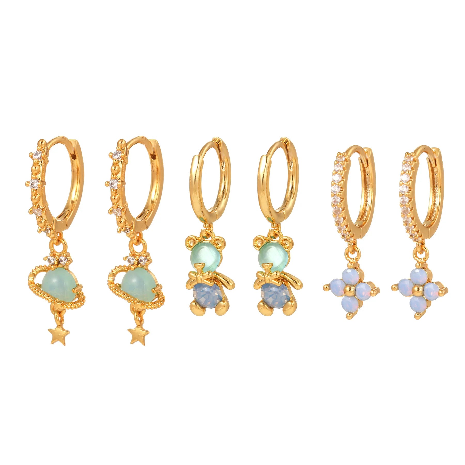Hot Bear Flower Huggie Earrings Hoop Set Jewelry Wholesale Korean Copper Zircon Women Girls 18K Gold Plated Drop Cuff Earrings