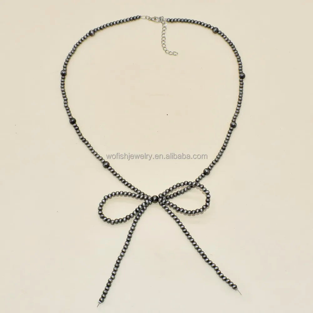 Wofish Western Jewelry Handmade Long Chain Braid BowKnot Pendant Navajo Pearl Bow Necklace Gifts for Women