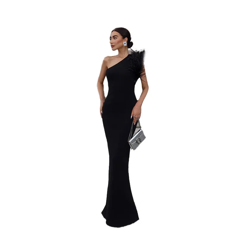 JY23639 Summer New Diagonal Collar Waist Sheath Dress Elegant Style Off-shoulder Furry Dress Dress Women's Clothing