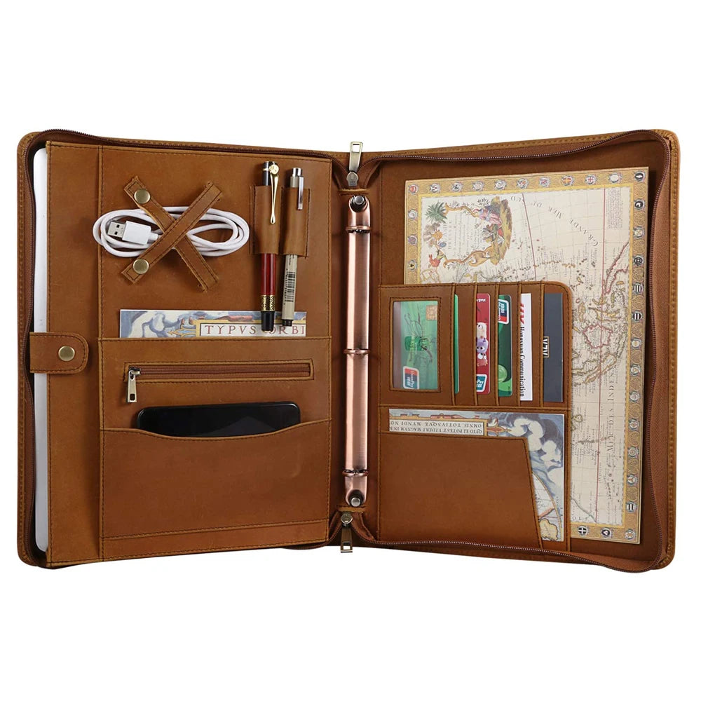 Handmade Zippered Genuine Leather Briefcase with 3 Ring Binder Premium Quality Product