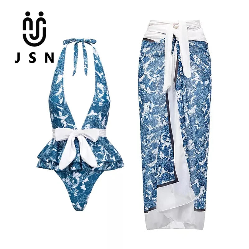 JSN 2026 Custom Vintage Ruffle Swimsuit Women Halter Backless One Piece Swimwear Bathing Suit with Swimdress for Women