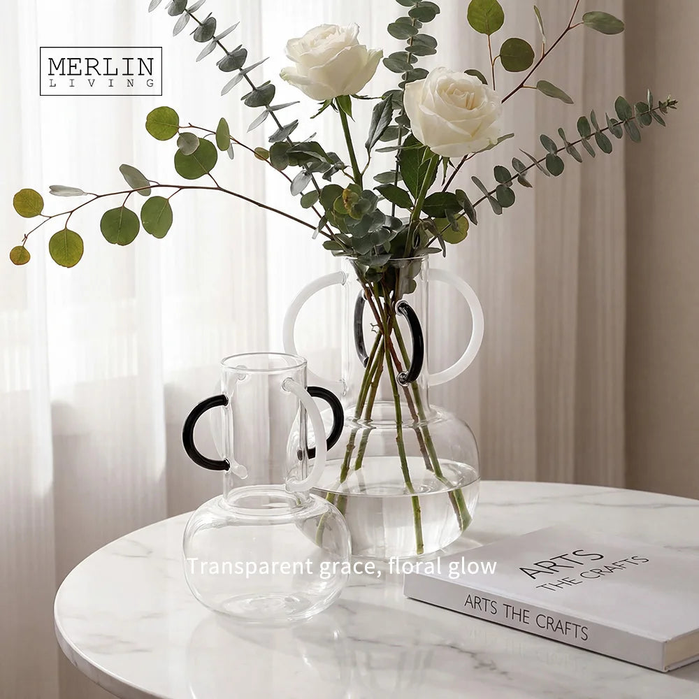 Merlin Living Modern Style Double Round Handles Glass Vase Nordic Crystal Decoration Accessory for Home