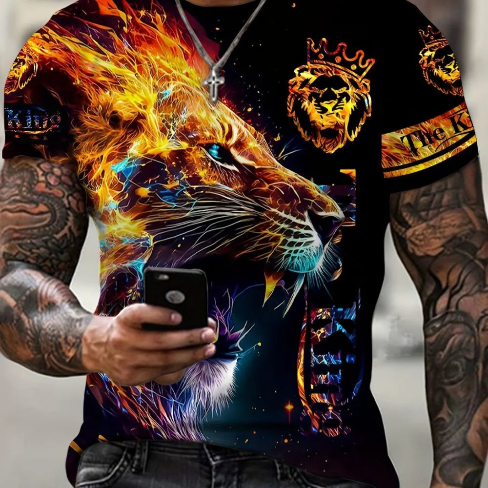 Custom Hip Hop Men's T-Shirt 3D Lion Print Digital Printing Breathable Anti-Pilling Summer Oversized Short Sleeve 100% Polyester