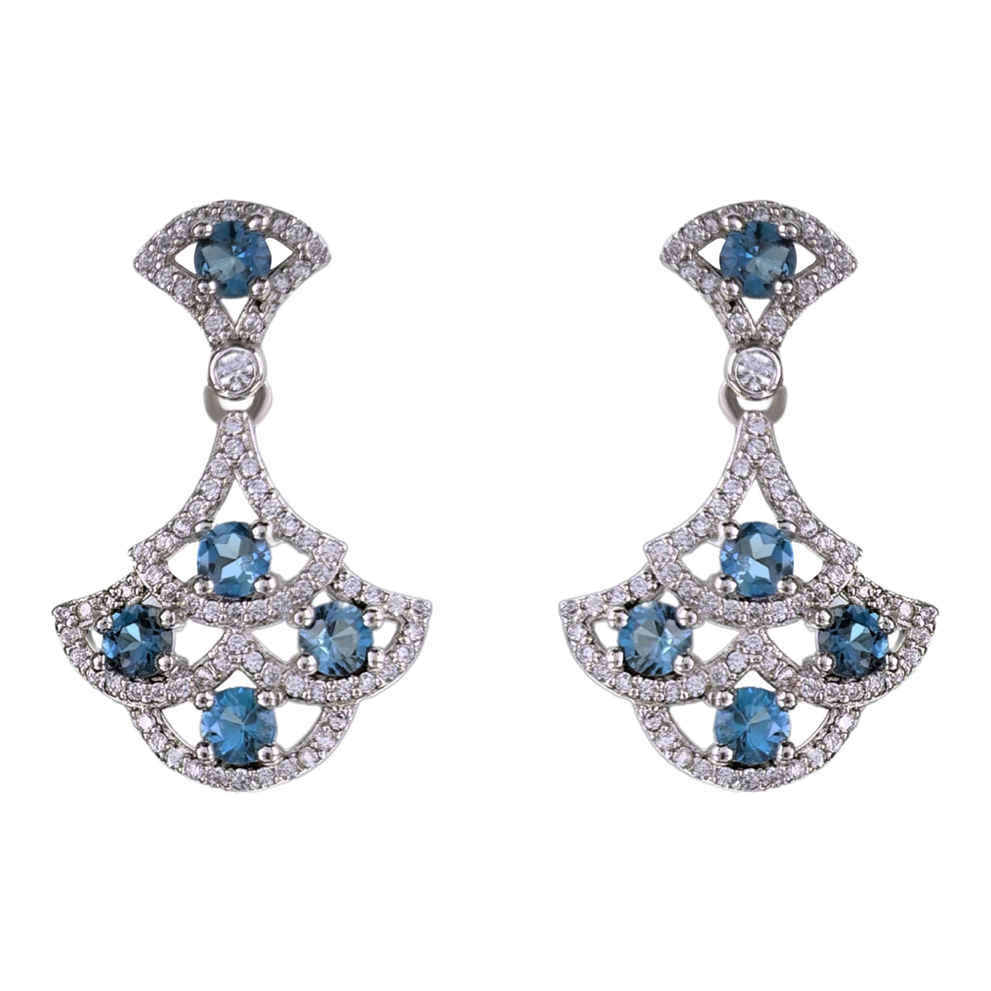 Graceful Rhodium Plated Silver 925 Natural London Blue Topaz Drop Earrings Trendy Style for Wedding Party Anniversary Gift Idea