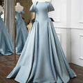 Jancember RL115 Blue Tiptop Satin Off the Shoulder Pleat Lace up Boat Neck Wedding Dresses