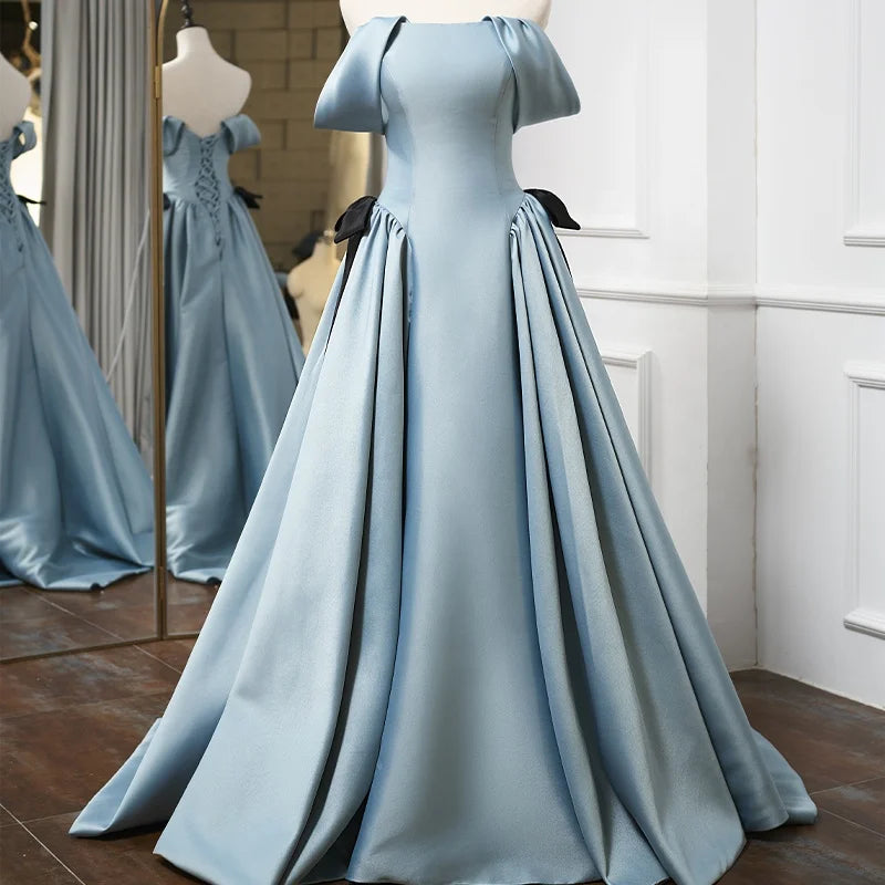 Jancember RL115 Blue Tiptop Satin Off the Shoulder Pleat Lace up Boat Neck Wedding Dresses