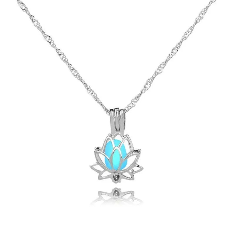 Luminous Glowing Moon Lotus Flower Shaped Pendant Necklace for Women Yoga Prayer Buddhism Jewelry