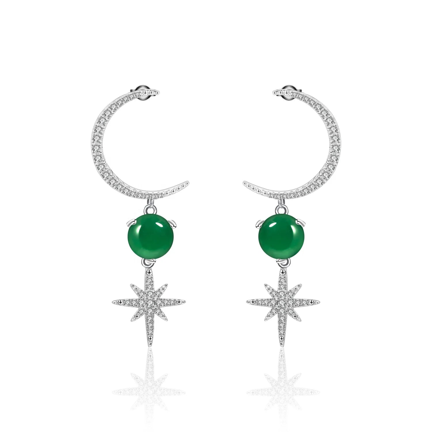 Abiding Luxury Creative Lady Jewelry Earring Micro Pave CZ Star-moon Natural Green Agate Customized 925 Sterling Silver Earrings