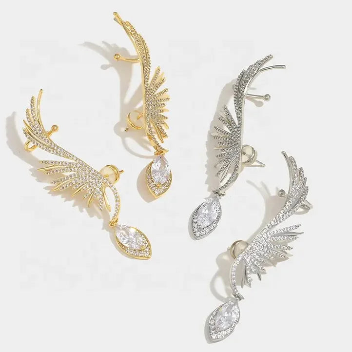 Gold-plated Inlaid Zircon Full Diamond Feather Wings Drop Earrings Trendy for Women
