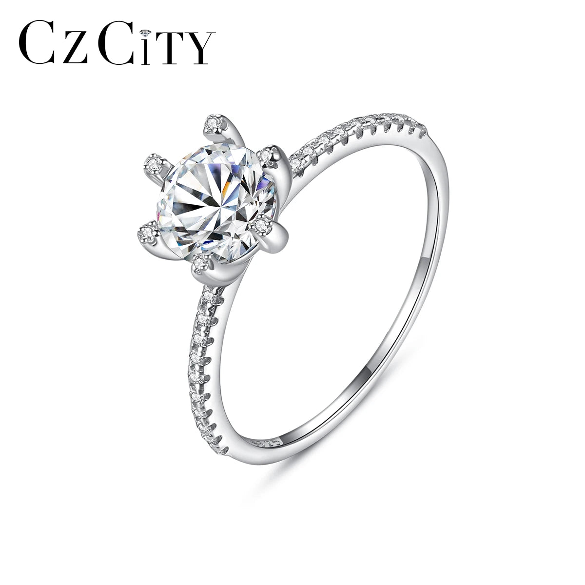 CZCITY Silver Jewelry 925 Woman New Fashion Sterling Round Accessory Female Wedding Moissanite Engagement Ring