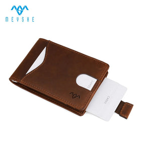 Custom Men's Slim RFID Blocking Crazy Horse Genuine Leather Money Clip Wallet Luxury Business Style Embossed Card Pop up