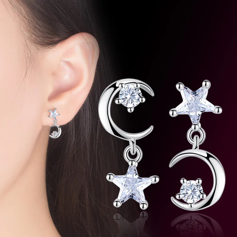 Fashion 925 Silver Plated AAA Cubic Zircon Moon Star Shape Stud Earring Jewelry for Women