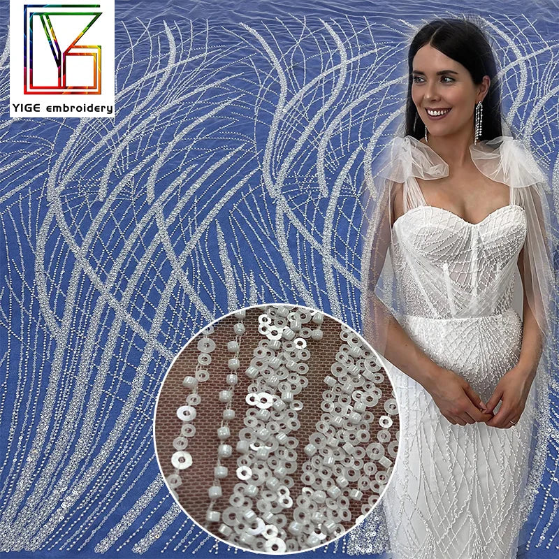 Luxury White Bridal Tulle Beads Sequins Lace Wedding Beaded Fabrics for European Style Dress