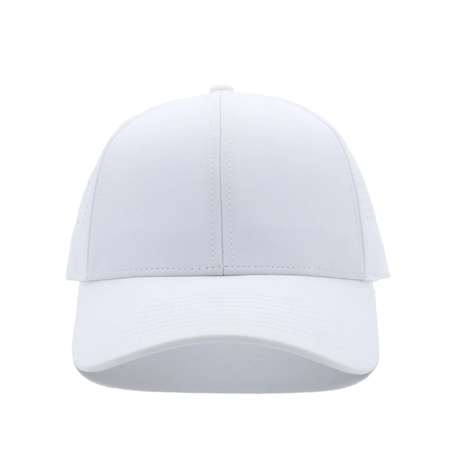 6-Panel Solid White Adjustable Baseball Hat Cap Waterproof Laser Perforated Performance Design Curved Printed Letter Rubber