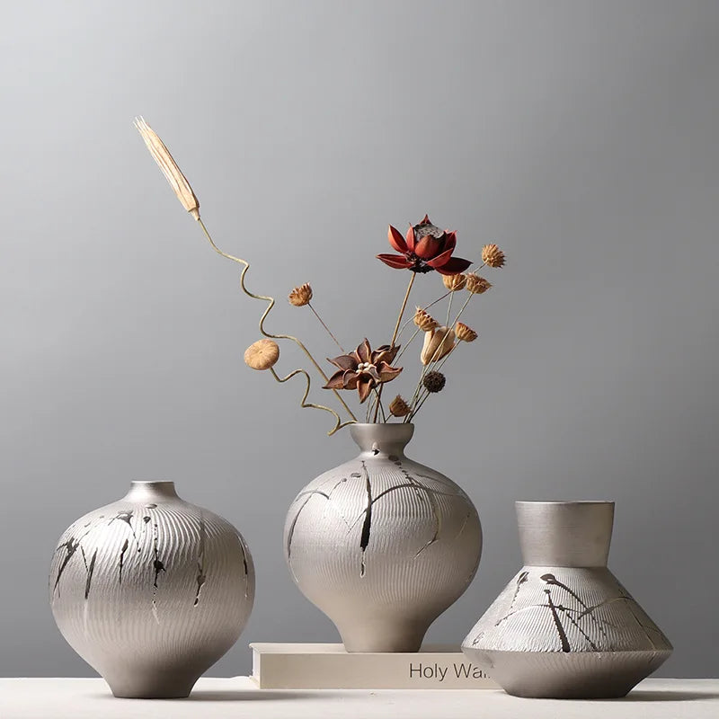 Modern Simple Electroplated Silver Ceramic Tabletop Vase Hotel Model Room Creative Flower Arrangement Soft Decoration Crafts