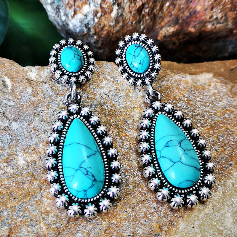 Boho Design Statement Waterdrop Turquoise Earrings Flower Round Turquoise Bead Earring Kupeler for Women