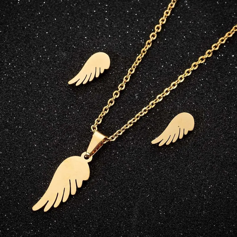Fashion PVD Plated 18K Gold Silver Charm Stainless Steel Angel Wing Pendant Earring Necklace Jewelry Set for Women