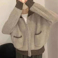 Custom Knit Sweater Cardigan for Women Double Pockets Fashion Lapel Pocket Zip Loose Jumper Female Casual Coat