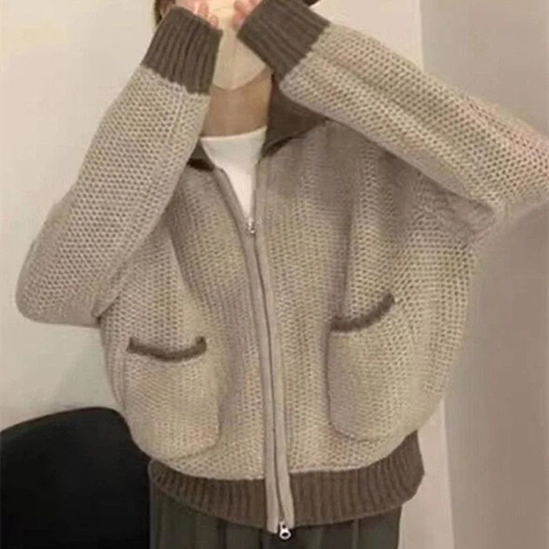 Custom Knit Sweater Cardigan for Women Double Pockets Fashion Lapel Pocket Zip Loose Jumper Female Casual Coat