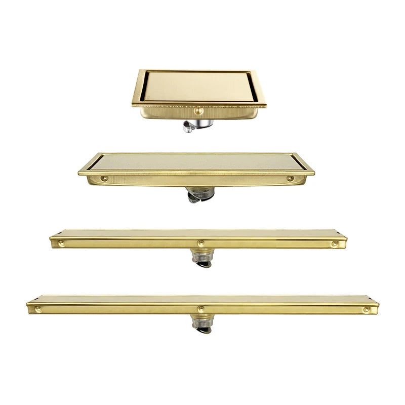 Rectangle Brushed Gold Brass Bathroom Shower Floor Trap Linear Drains Grating Covers