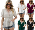 Wholesale Women's Short Sleeved Shirt Lace V-neck T-shirt Ladies Temperament Chiffon Blouse
