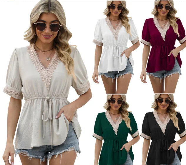 Wholesale Women's Short Sleeved Shirt Lace V-neck T-shirt Ladies Temperament Chiffon Blouse