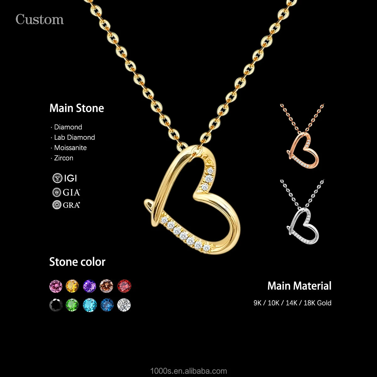 1000S Trendy AU750 18K Solid Gold Brilliant Cut Natural Diamond Love Heart Pendant Necklace Women's Certified Fine Jewelry MegaBDM