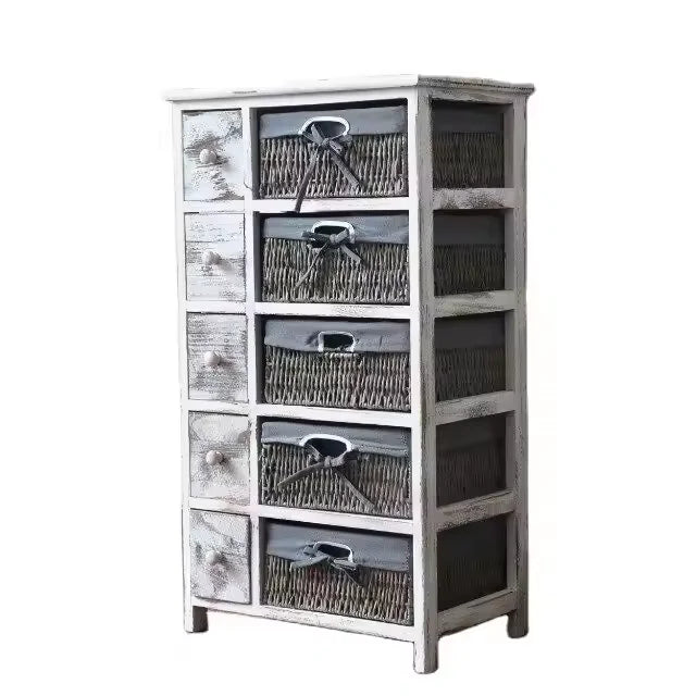 Wholesale Living Room Furniture Antique Rustic Woven Rattan Basket Storage Side Solid Wood Cabinet