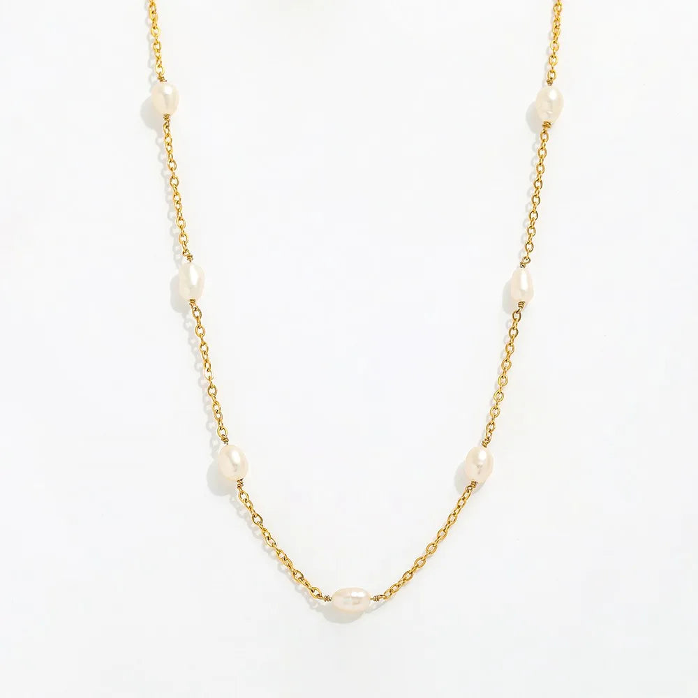 Joolim Jewelry 18K Gold Plated Fresh Water Pearl Satellite Dainty Chain Necklace Stainless Steel Jewelry Wholesale