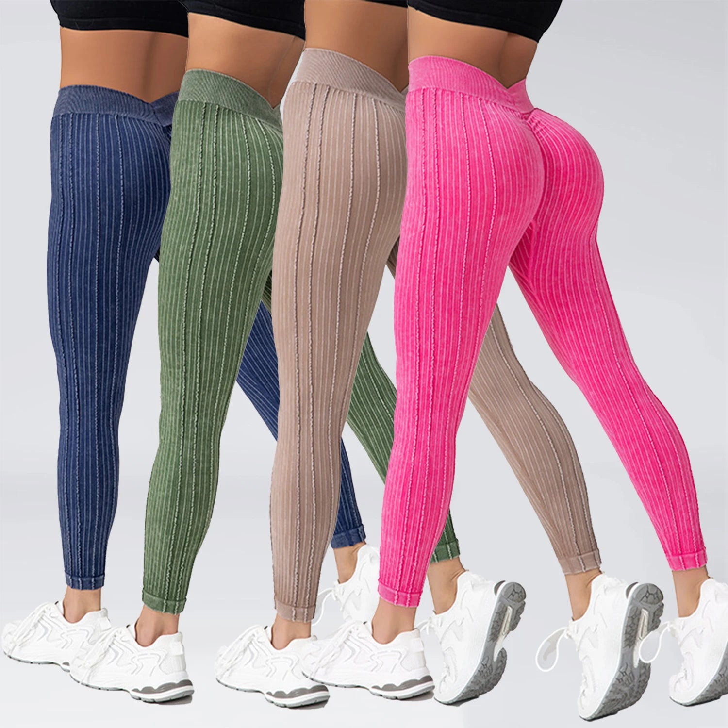 New Design Women's V-waist Peach Hip Elastic Tight Fitting Soft Seamless Ribbed Pants Quick Drying Breathable Yoga Leggings