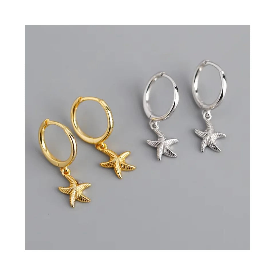 Summer Beach Jewelry 925 Sterling Silver Gold Plated Starfish Drop Clip on Earrings S925 Starfish Huggie Hoop Earrings