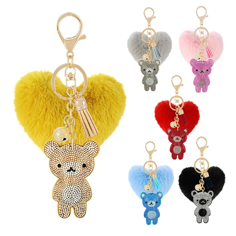 Fashion Gife Rhinestone Bear Keychain Creative Tassel Hair Ball Bag Pendant Cheap Diamond Keychain Wholesale
