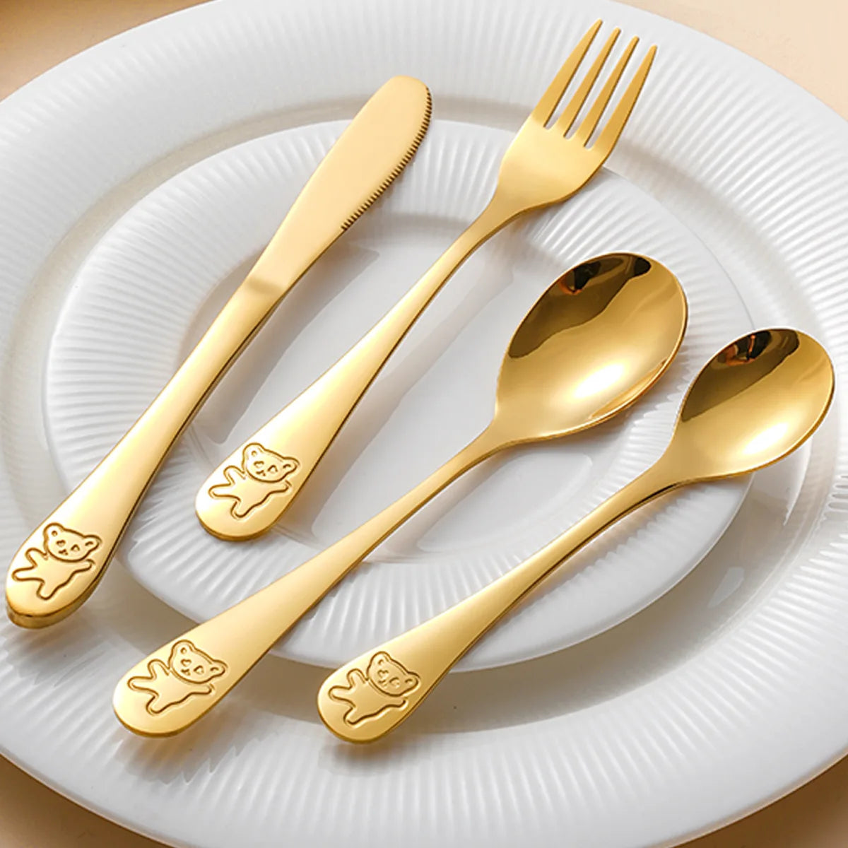 Cute Stainless Steel Children's Cutlery Set Cartoon Bear Pattern Handle Cutlery Knife Fork Spoon Set