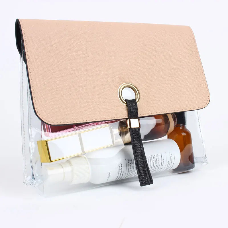 Custom Tpu and Pu Leather Transparent Plastic Travel Waterproof Makeup Clear Pink Cosmetic Organize Bag With Snap Buckle