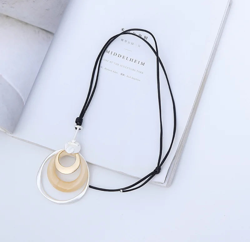 Amorcome Fashion PU Leather Statement Necklace Double Circle Round Pendant Collier Girlfriend Gift Women Female Choker