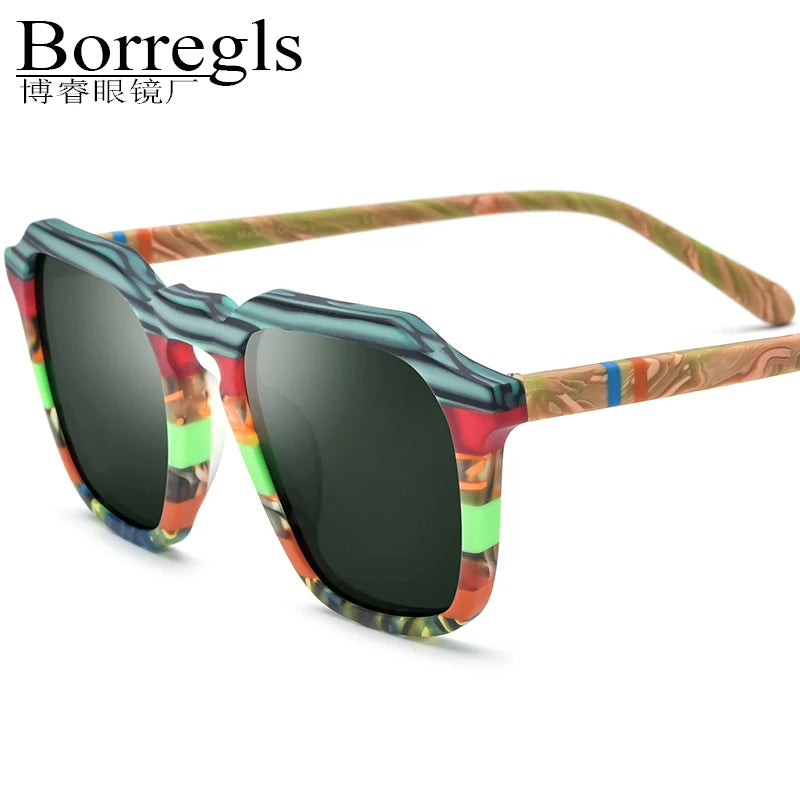 Borregls Matte Acetate Multicolour Polarized Sunglasses UV400 Men Brand Designer Vintage Square Sun Glasses for Women 19292T