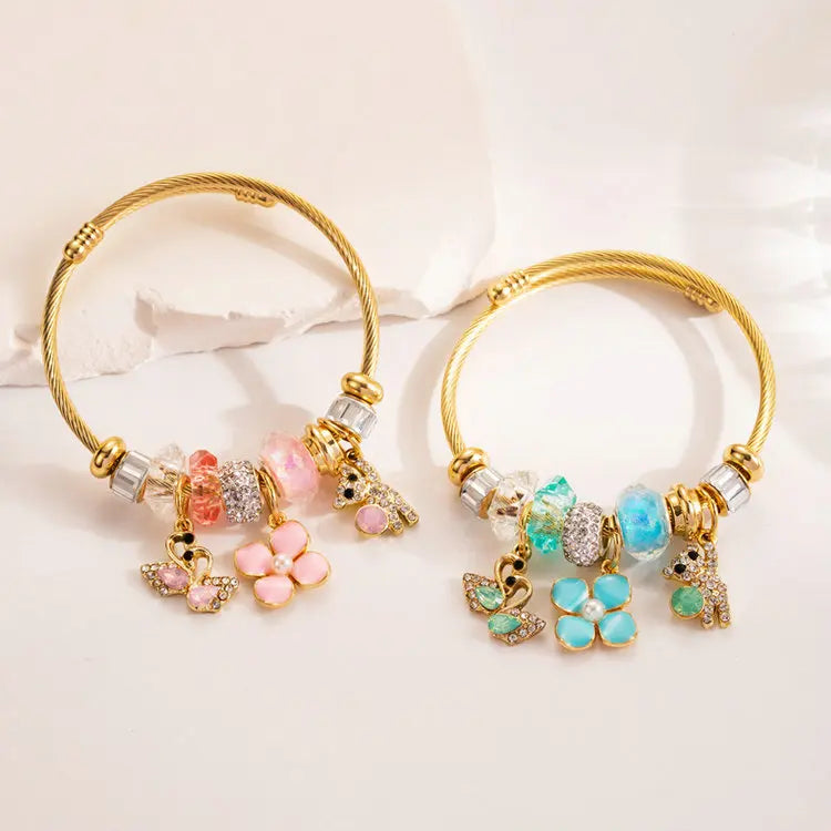 2023 New Gold Plated Titanium Steel Wire Charm Bangle DIY Bear Pendant Open Adjustable Bracelet for Girls