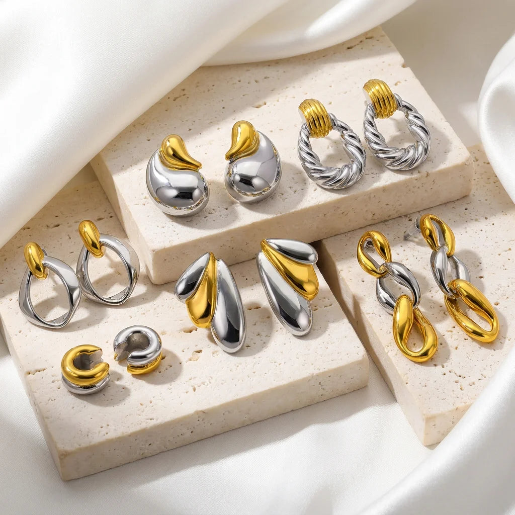 Fashion Stainless Steel Mixed Styles Two Tone Gold Silver Earrings Women Hypoallergenic Waterproof Anti Tarnish Jewelry