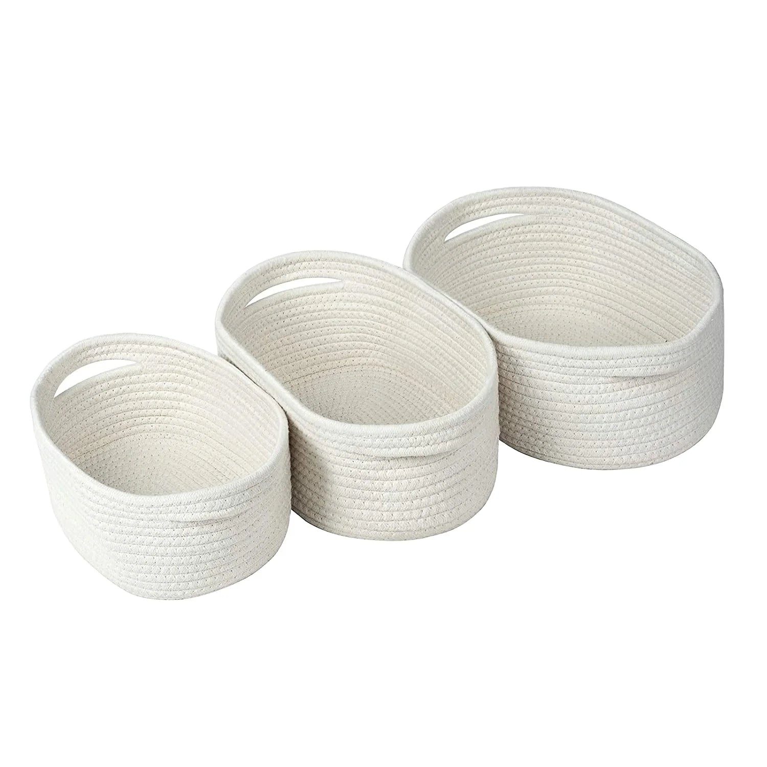White Storage Basket Set of 3 Soft Woven Cotton Rope Shelf Baskets Organizer Basket Sets Laundry Basket with Handles