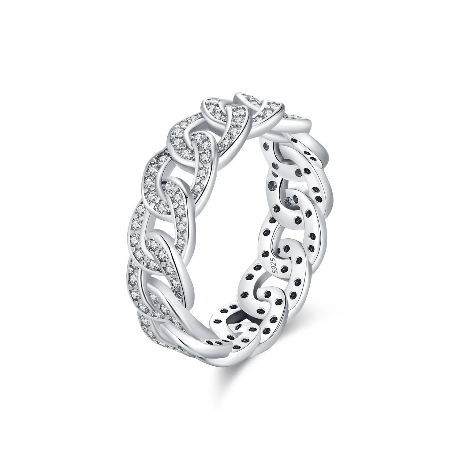 Real 925 Sterling Silver Full Diamond Sparkling CZ Interlocking Chain-shaped Eternity Ring for Women Fine Jewelry Accessories