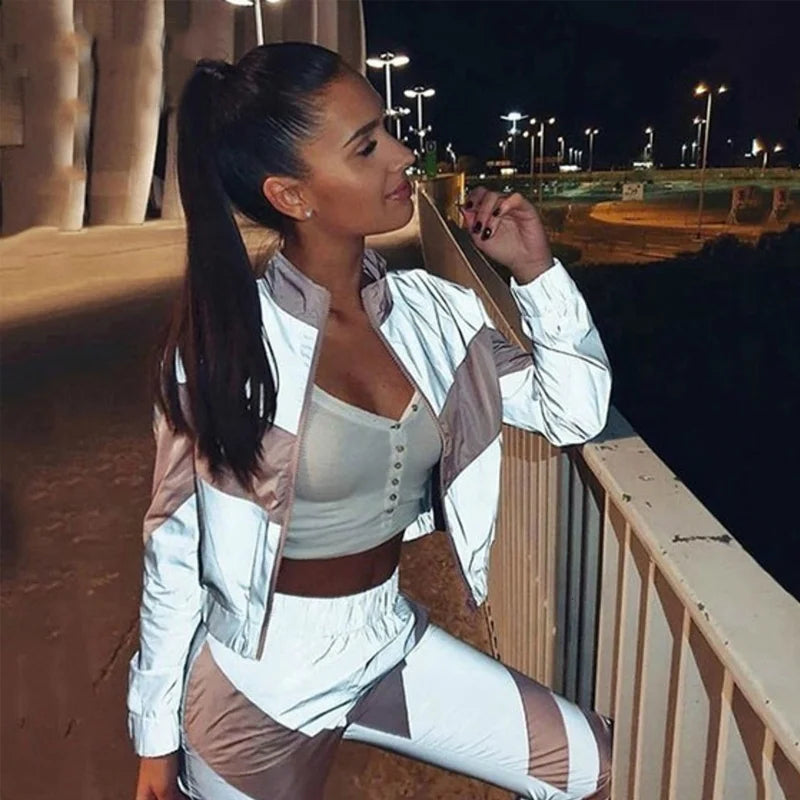 Fashion Reflective Tracksuit Women Zipper Crop Tops + Long Pants 2 Piece Set Female Sets Clothes Jacket Trousers S-XXL
